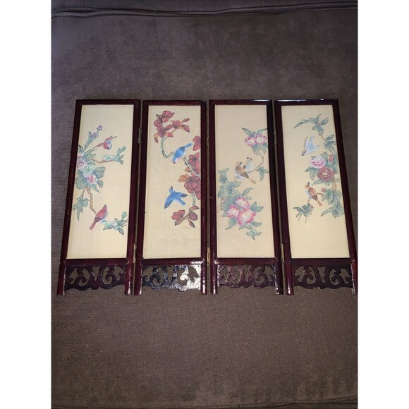 Hand Painted Dual Scene Mini Chinese  Four Panel Silk Screen 12H x 4W” X 4Panels - Picture 6 of 14